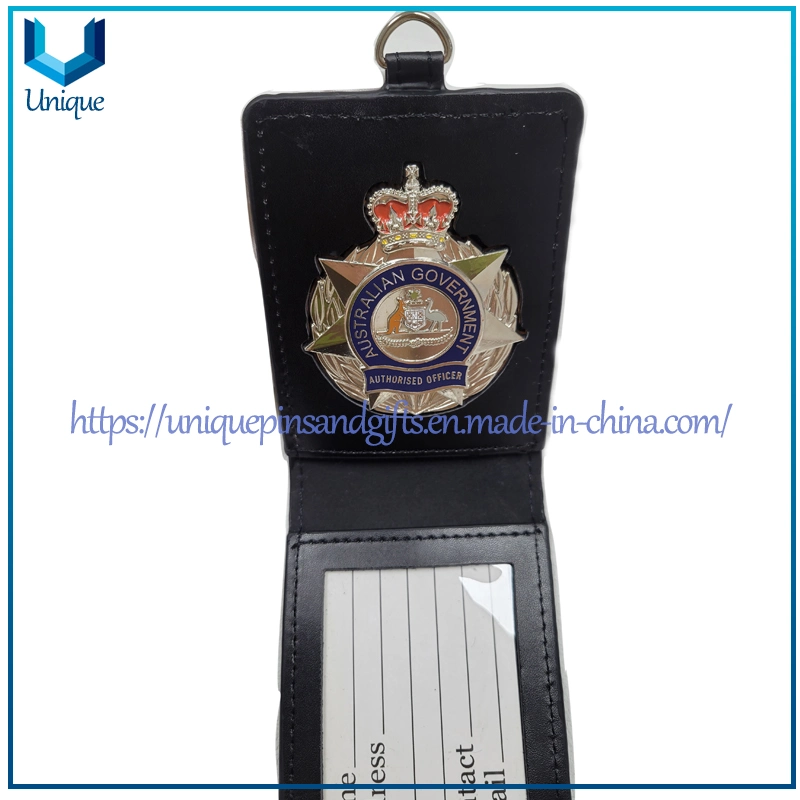 Custom High Quality Copper Badge with ID Holder Function with Genuine First Layer Cow Leather Holder, High Quality Copper Metal Badge with ID Holder