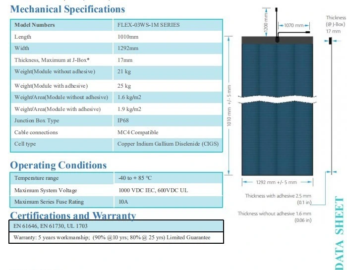 16.5% Efficiency 170W Flexible Solar Panel for Membrane Roofing (FLEX-03WS-170W)